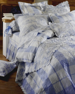 Boutis réversible Toile de Jouy Bleu 100% coton percale, repassage facile