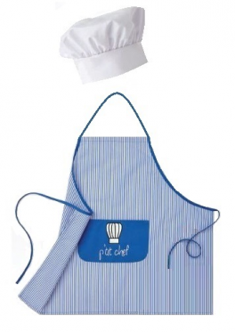 Blauw en wit gestreepte bovenstuk schort voor kind p'tit chef + witte koksmuts
