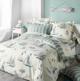 Duvet cover + pillowcases 65x65 cm Sailboats and shells 100% cotton ecru