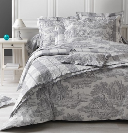 Reversible Boutis Toile de Jouy grey 100% cotton percale, easy iron