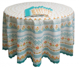 Nappe ronde 180 cm diamètre + 8 serviettes fleurs 50% polyester 50% coton