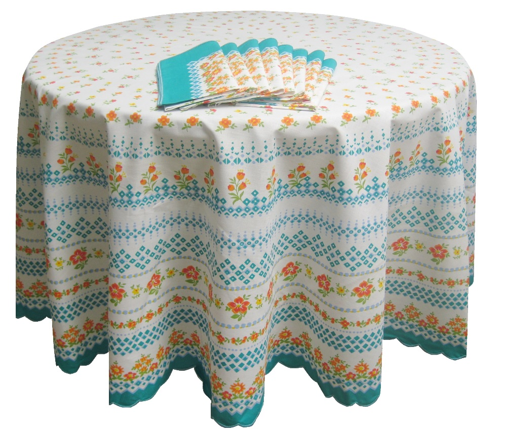 Round Tablecloth 180 Cm Diameter 8 Framed Napkins 50 Polyester And Round Tablecloth 180 Cm Diameter 8, Table Linens Round