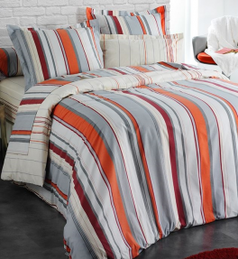 Housse de couette + taie lignes grises, oranges, bordeaux, blanches 100% coton