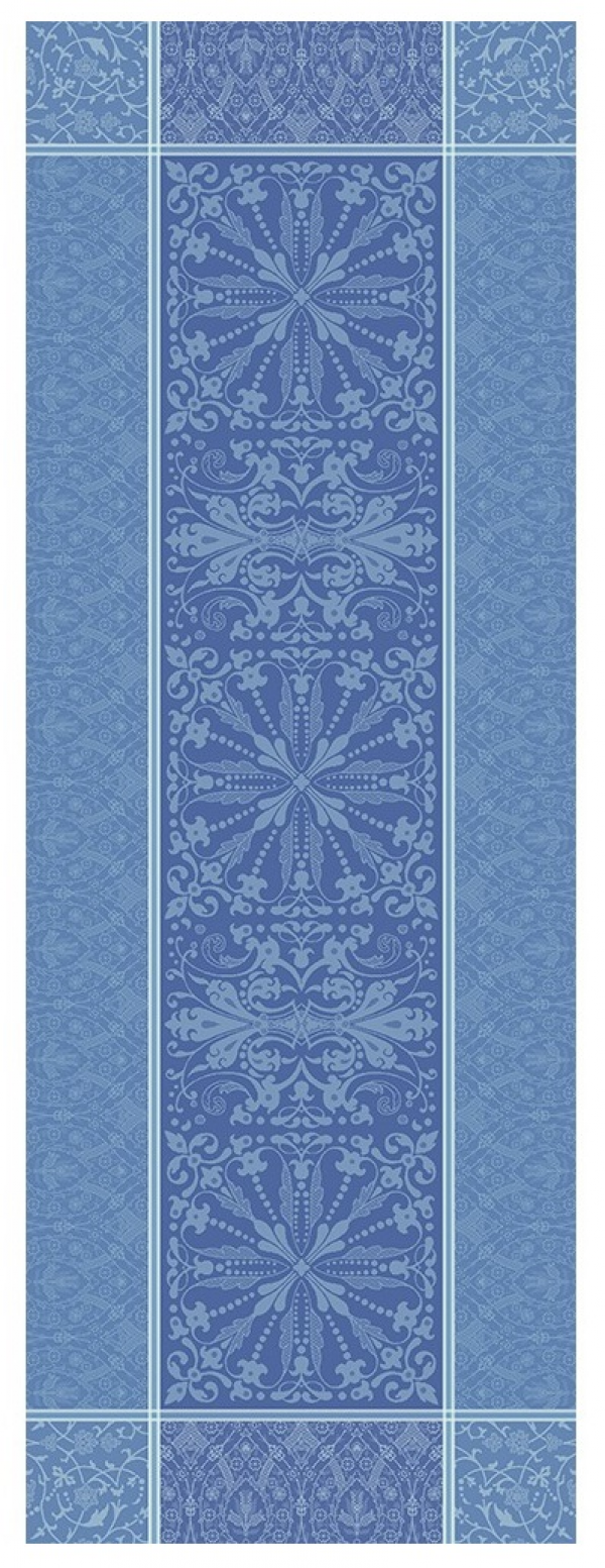 Bibliografie Bowling Megalopolis Tafelloper 54x149 cm 100% blauw jacquard katoen, 220 gr/m². Afgewerkt