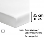 Drap housse 100% coton percale blanc, longeur 200 cm, matelas jusqu'à 35 cm