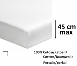 Drap housse 100% coton percale blanc, longeur 200 cm, matelas jusqu'à 45 cm