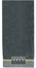 Drap 80x200cm 100% coton éponge gris anthracite avec inscription Sauna 485 gr/m²