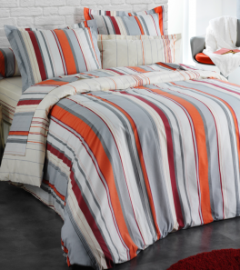 Bettlaken + Kissenbezüge Grau, Orange, Burgund, weiße Linien 100% Baumwolle