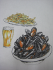 Bavoir dessin moules / frites / bière 100% coton