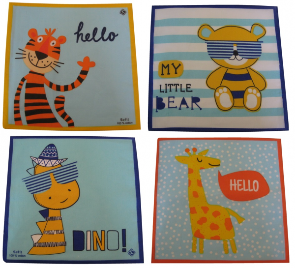 Pack of 4 children's handkerchiefs fantasy animals 29x29 100% cotton Pack of 4 children's handkerchiefs fantasy animals 29x29 100% cotton