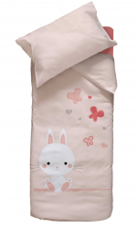 Housse couette 100x140 + 1 taie 40x60 lapin, papillons et coeurs 100% coton