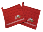 2 Pot holders 20x20 cm in quilted dyed woven cotton Embroidered shawl on red bac